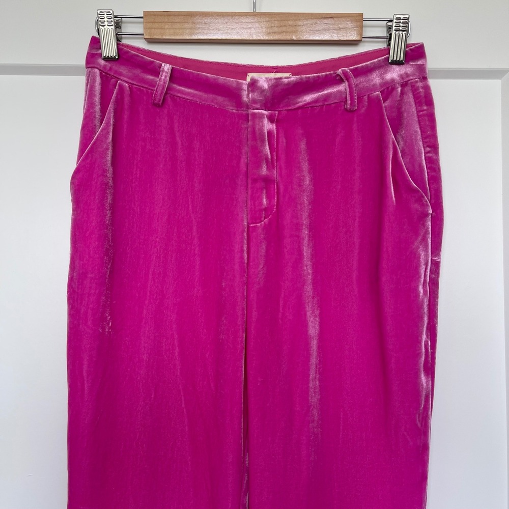 L'Agence Lane Flared‎ Trouser 2 Hot Pink Silk Blend Velvet Wide Leg French Chic - Picture 4 of 14